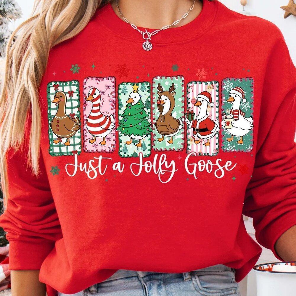 Just A Jolly Goose Christmas Geese Sweatshirt Santa Goose Gingerbread